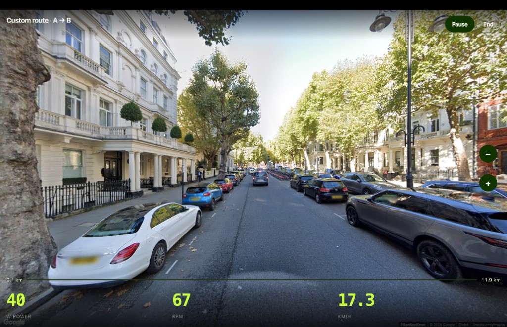VirtualRide Street View ride on a residential street with live trainer metrics