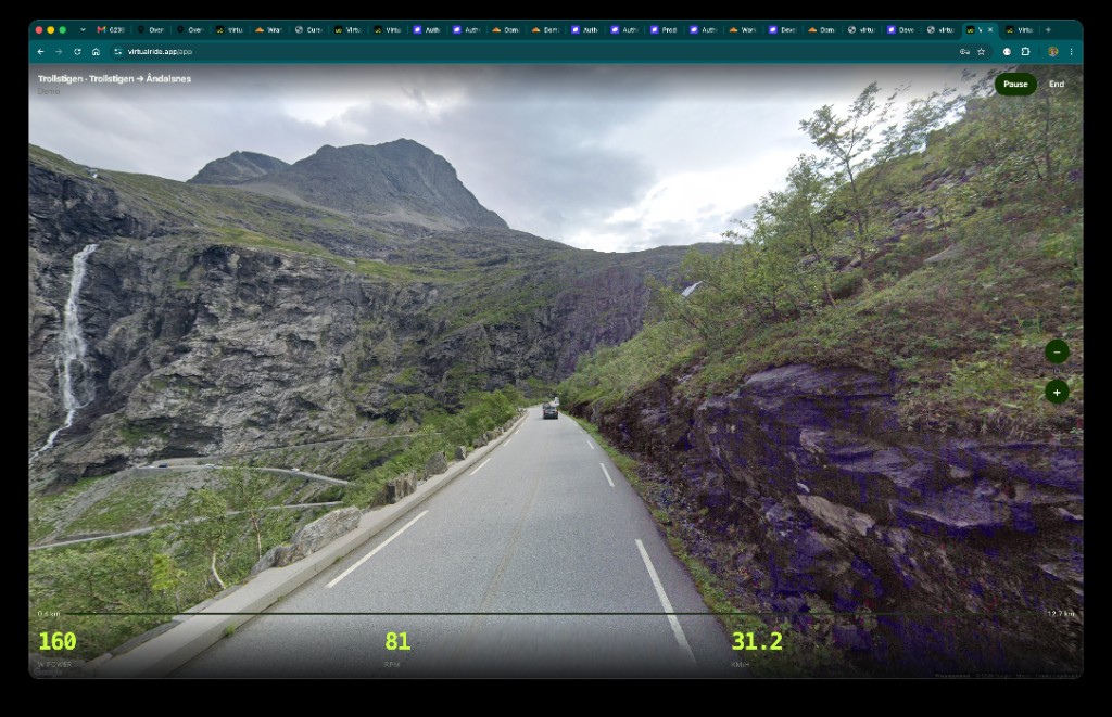 Indoor cycling on Trollstigen, Norway, in Google Street View with live power, cadence, and speed